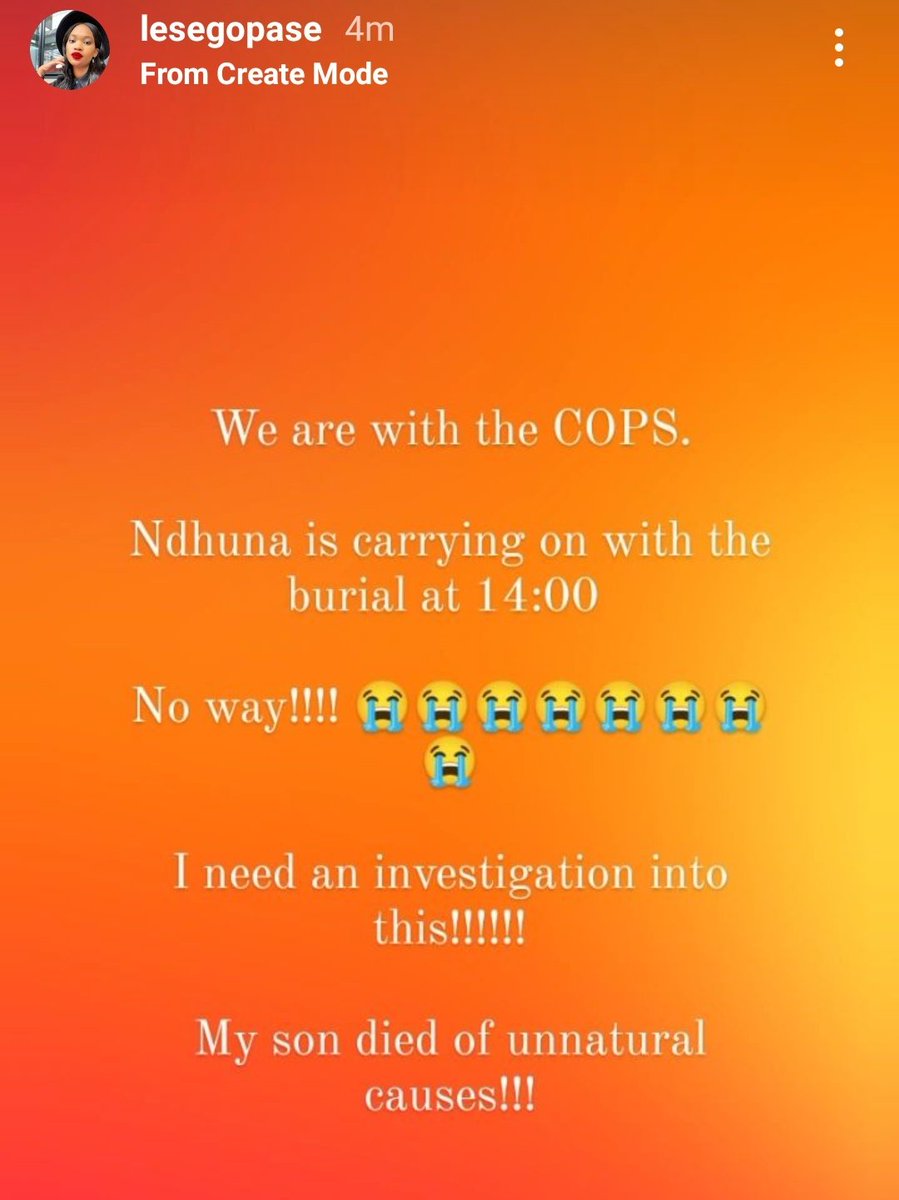 Musa_Khawula's tweet photo. Lesego Pase reveals that his son has indeed passed away.

The funeral is still underway as planned by her baby's father Ndhuna Oberon regardless of her opposing that decision as a mother. https://t.co/mnK5jQNO9e