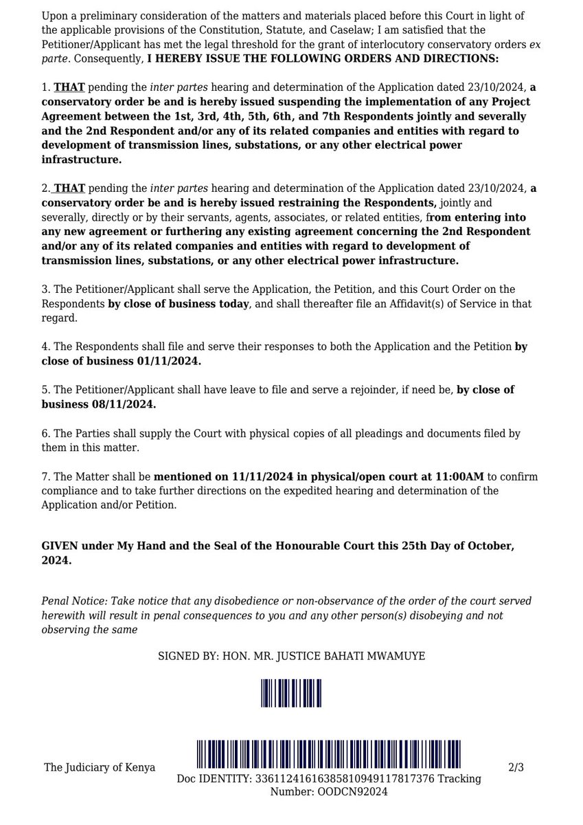 FaithOdhiambo8's tweet photo. The High Court has granted conservatory orders suspending the implementation of the Project Agreement between @AdaniEnergySol and @KETRACO1 pending hearing of the @LawSocietyofKe's Petition challenging the Constitutionality of the agreement. We emphasise our apprehension over the lack of transparency over the details of the proposed PPP and the hurried nature of how it was procured. 

Part of protecting the sovereignty and autonomy of Kenya requires that we preserve our national assets and maintain control of our resources and infrastructure. While PPPs aid additional development, the same must strictly conform to the Constitution, PPP Act and the PPADA to ensure we do not jeopardise the economic viability of our resources. We will prosecute this petition to its conclusion and hope for a favourable determination in the best interests of all Kenyans.