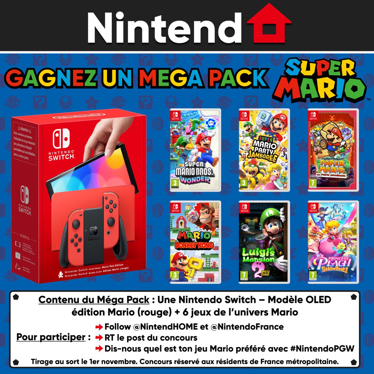 NintendHOME – News & Opinions Nintendo (@nintendhome) on Twitter photo 🎁 Concours – Pour fêter la Paris Games Week, tentez de gagner un Méga Pack Mario avec une console et six jeux !
Pour participer :
🔄 RT et Follow <a href="/NintendHOME/">NintendHOME – News & Opinions Nintendo</a> et <a href="/NintendoFrance/">Nintendo France</a>
#️⃣ Dis-nous ton jeu Mario préféré avec #NintendoPGW
📅 Tirage le 01/11 🎁 Concours – Pour fêter la Paris Games Week, tentez de gagner un Méga Pack Mario avec une console et six jeux !
Pour participer :
🔄 RT et Follow <a href="/NintendHOME/">NintendHOME – News & Opinions Nintendo</a> et <a href="/NintendoFrance/">Nintendo France</a>
#️⃣ Dis-nous ton jeu Mario préféré avec #NintendoPGW
📅 Tirage le 01/11