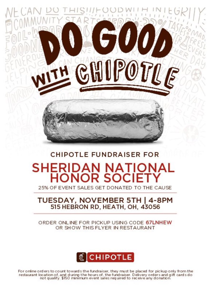 Mark your calendars🌮There is a Sheridan National Honor Society fundraiser at Chipotle in Heath on Tues., Nov 5th. You can support NHS by showing this flyer or ordering using the code: 67LNHEW