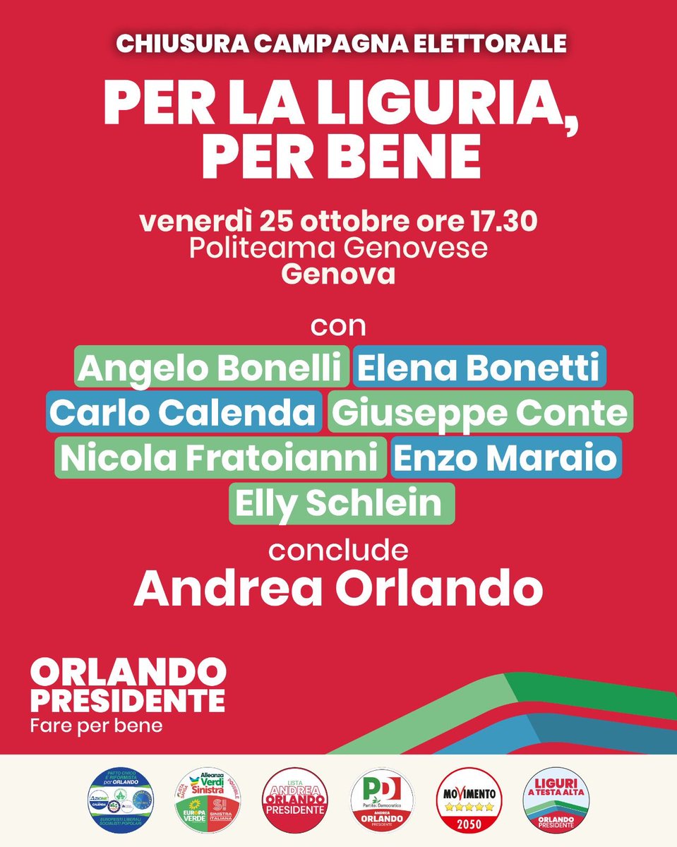 L'evento di chiusura della campagna elettorale è stato SPOSTATO AL CHIUSO.

Ci vediamo al Politeama Genovese alle 17:30 per Andrea Orlando Presidente con i segretari nazionali della coalizione di centrosinistra.