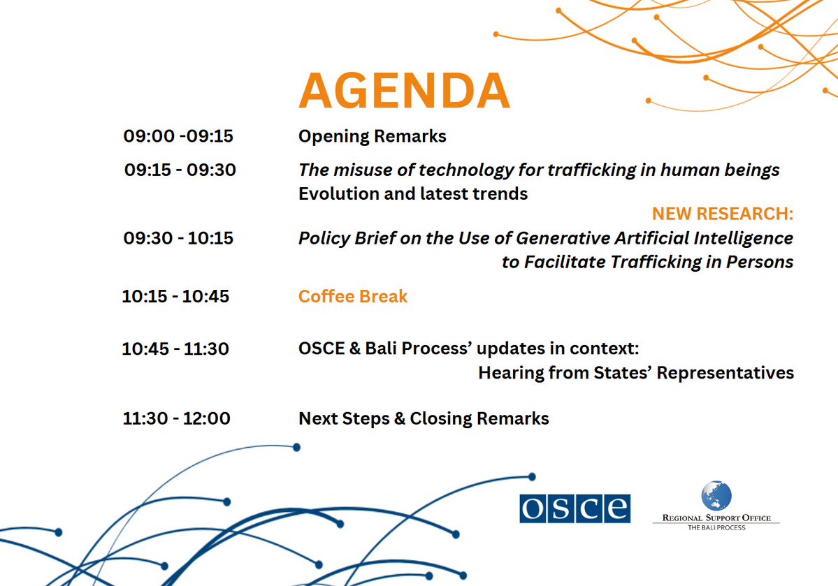 baliprocessrso's tweet photo. How is the rise of #AI amplifying the reach of organised criminal networks and increasing the complexity of responding to trafficking in persons? 🌍

🚨Join the launch event of the @osce_cthb  & RSO's Policy Brief on the Use of Generative Artificial Intelligence to Facilitate Trafficking in Persons to learn more about the intersection of AI and transnational crime, and potential implications on trafficking in persons.📄

Event details:   
📅 Friday, 1 November 2024   
🕘 09:00-12:00 CET | 14:00-17:00 ICT
🔗Register today and be part of the discussion: https://t.co/Q3mZGb2V3o (or scan the QR code below)