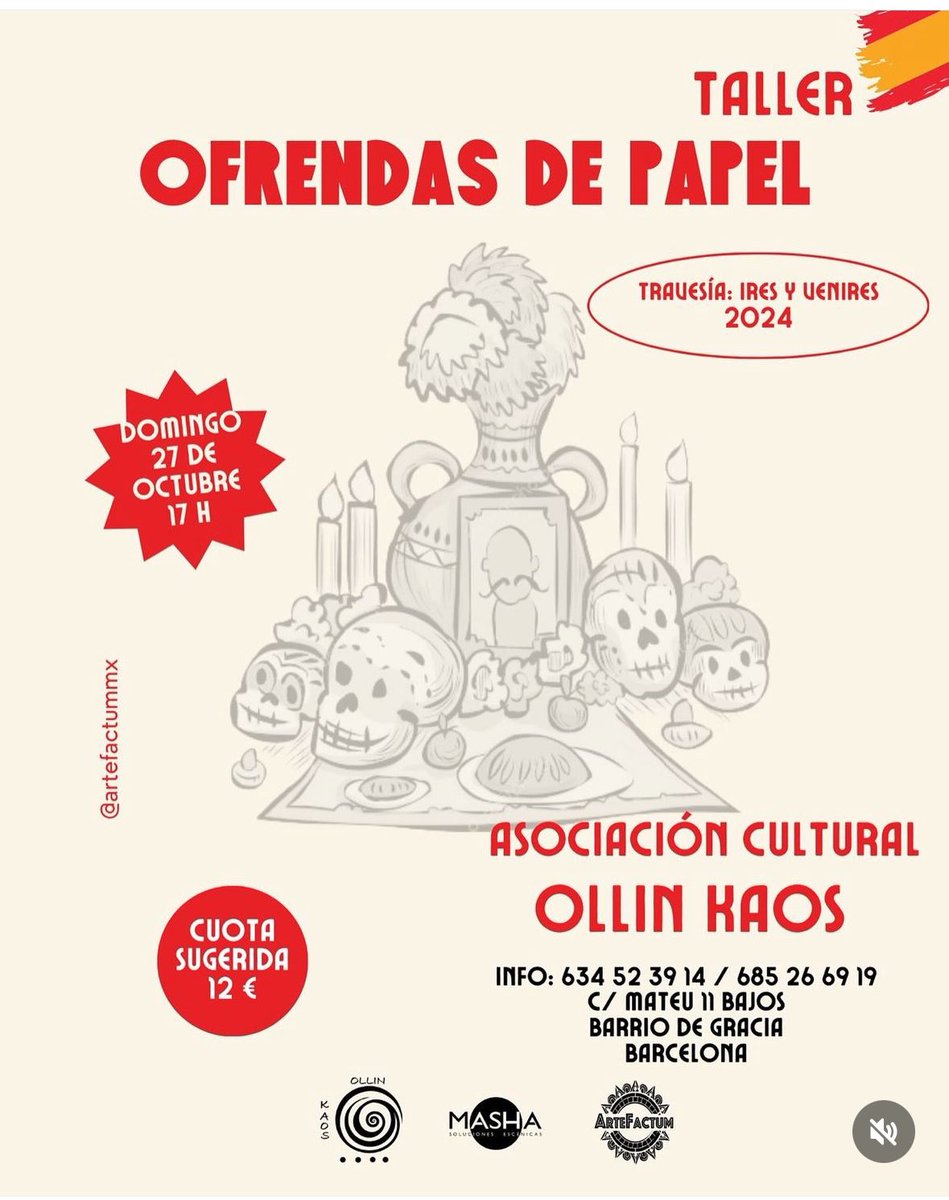 carolvicurban's tweet photo. 🎭 La compañía mexicana Artefactum estará presentando en Barcelona una serie de actividades en torno a la celebración del Día de Muertos. Entre ellas, una puesta en escena de cuentos para niños con son jarocho y un taller de ofrendas de papel. 
¡No falten! 

📅 26 y 27 de octubre https://t.co/gYSq9iLPJ1