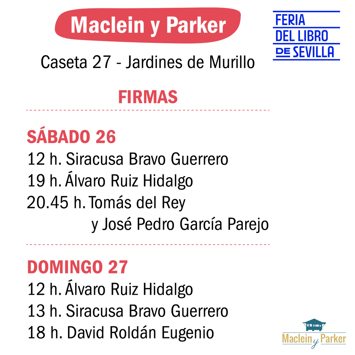 MacleinyParker's tweet photo. ¡Ya comenzó la Feria del Libro de Sevilla!
Aquí os dejamos todos los actos y firmas que tendremos hasta el 3 de noviembre en nuestra caseta nº27 (en los Jardines de Murillo). https://t.co/EM2gnY719u