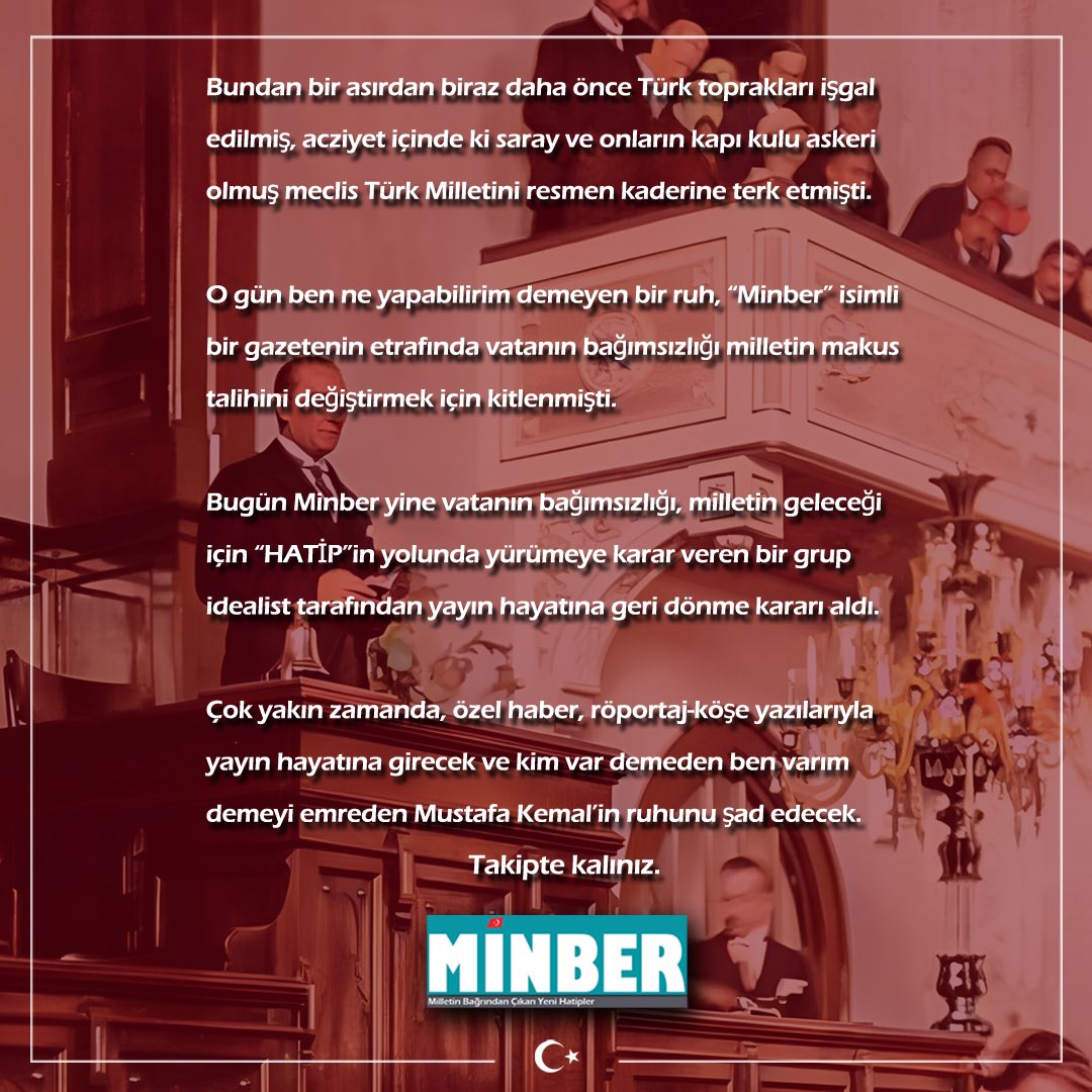 gazeteminbercom's tweet photo. Gazete Minber çok yakın zamanda, özel haber, röportaj-köşe yazılarıyla yayın hayatına girecek ve kim var demeden ben varım demeyi emreden Mustafa Kemal’in ruhunu şad edecek. 

Takipte kalınız

https://t.co/a4SAlikn4P https://t.co/P70IEMYrp8