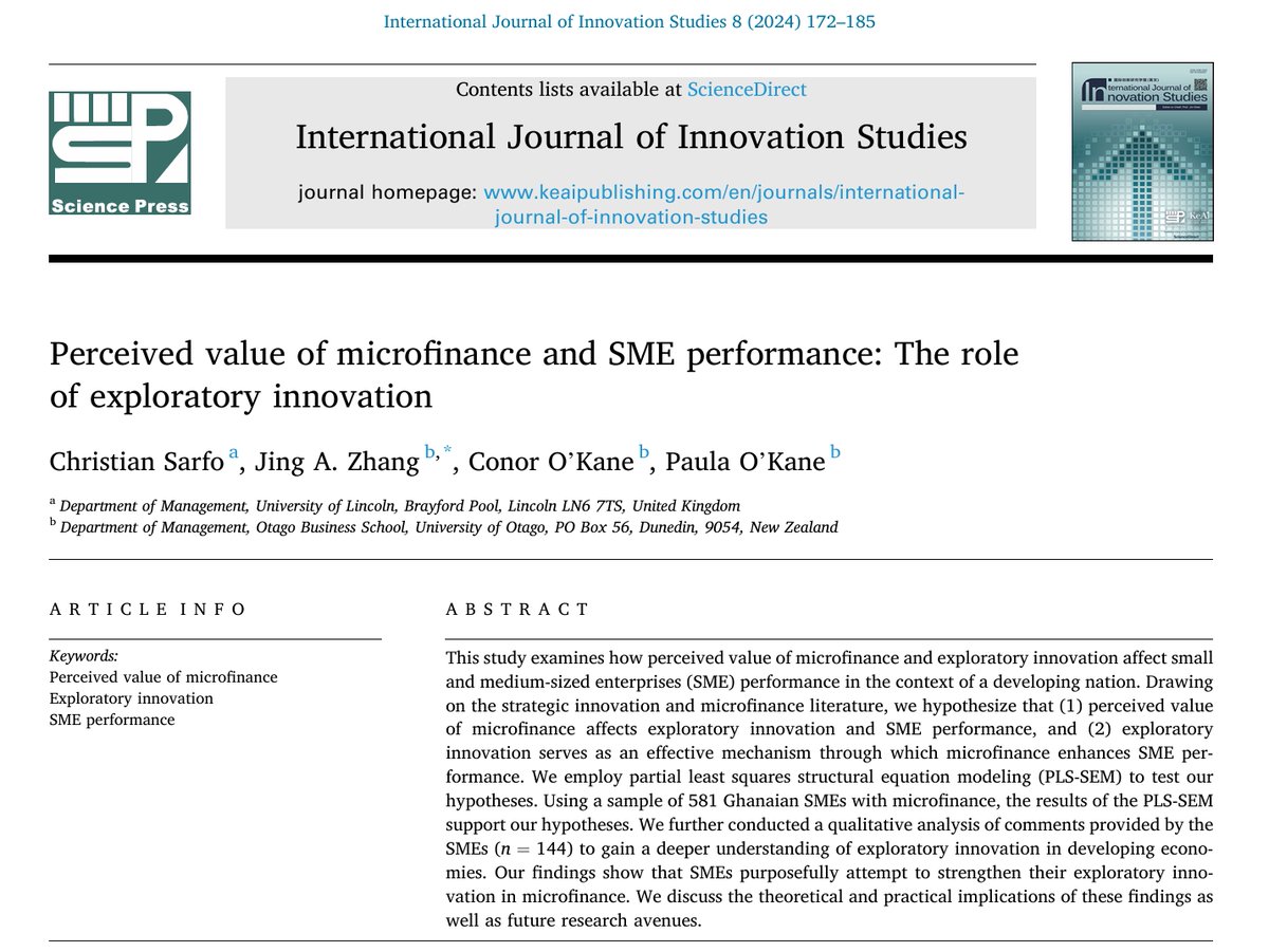 📰#NewArticle in 2024  

"Perceived value of #microfinance and #SME performance: The role of exploratory #innovation"  

Read more: sciencedirect.com/science/articl…