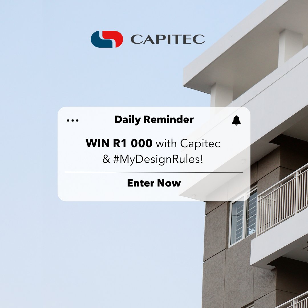 MyDesignRulesTV's tweet photo. 💥 Love banking with @CapitecBankSA? Tell us why and stand a chance to win R1 000! 💸  
1. RT this post &amp; tell us why you love Capitec 
2. Use #MyDesignRules &amp; #Capitec  
⏰ Entries close on 31 October at midnight – don’t miss out! 
T&amp;Cs apply 👉 https://t.co/az9j7qrUHQ https://t.co/udE0LRihM9