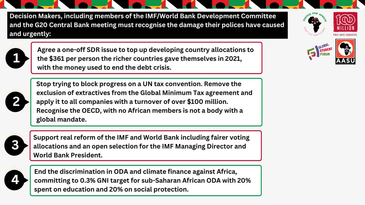 Ahead of today's Development Committee meeting at the #WBMeetings/#IMFMeetings, #Students, #Youth &amp; #Survivors of injustices are presenting their demands to World Leaders to deliver #JusticeForAfrica for a FAIRER FUTURE. ⤵️

🚨Read more in the new report: bit.ly/4hfhSCT