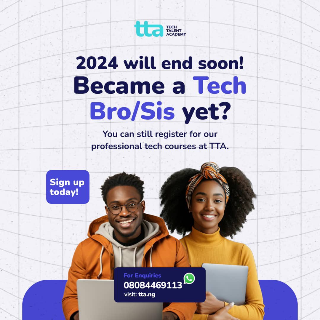 ttadotng's tweet image. You’ve been procrastinating since the beginning of the year. It’s ending soon and you’re not a tech bro/sis yet??
You can still register for our professional courses and start your journey to be a tech professional.
#techtalentacademy #tta #techcourse #learntech #techacademy