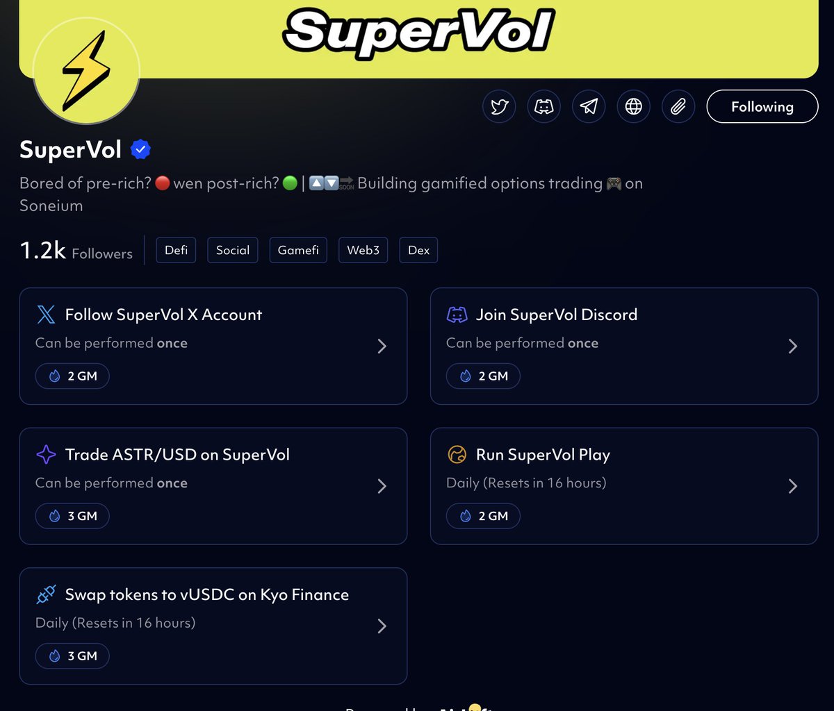 New LFGM Quest, with <a href="/kyofinance/">Kyo Finance 💿</a>!

Swap tokens to vUSDC on Kyo, earn 3 GMs in SuperVol’s LFGM!
Even better, SuperVol traders can now earn GMs in Kyo’s LFGM too 🙂

Let’s LFGM now -> lfgm.astar.network/supervol