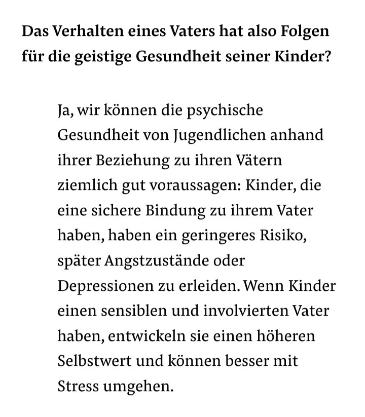 Oliver Hinz (@olihinz) on Twitter photo "Kinder, die eine sichere Bindung zu ihrem Vater haben, haben ein geringeres Risiko, später Depressionen zu erleiden. Wenn Kinder einen sensiblen und involvierten Vater haben, entwickeln sie einen höheren Selbstwert."
Neues Interview mit <a href="/dr_aMachin/">Dr Anna Machin</a> "Kinder, die eine sichere Bindung zu ihrem Vater haben, haben ein geringeres Risiko, später Depressionen zu erleiden. Wenn Kinder einen sensiblen und involvierten Vater haben, entwickeln sie einen höheren Selbstwert."
Neues Interview mit <a href="/dr_aMachin/">Dr Anna Machin</a>
