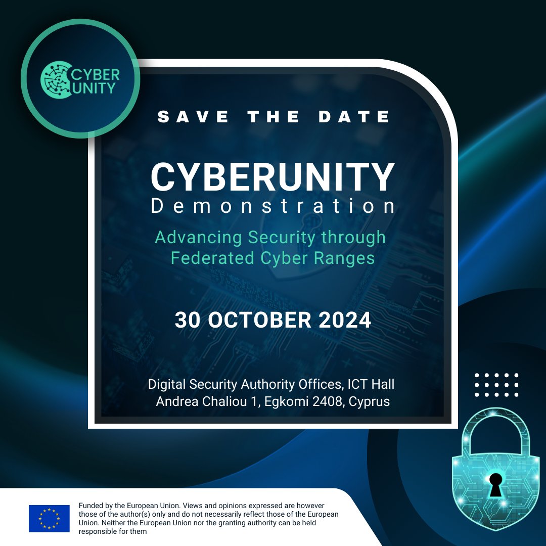 Mark your calendars! Join us on Oct 30th, 2024 for the CYBERUNITY Demonstration: Advancing Security through Federated Cyber Ranges, organized by the EU-funded CYBERUNITY project! 
#CyberUnity #CyberSecAwarenessMonth #EUH2020