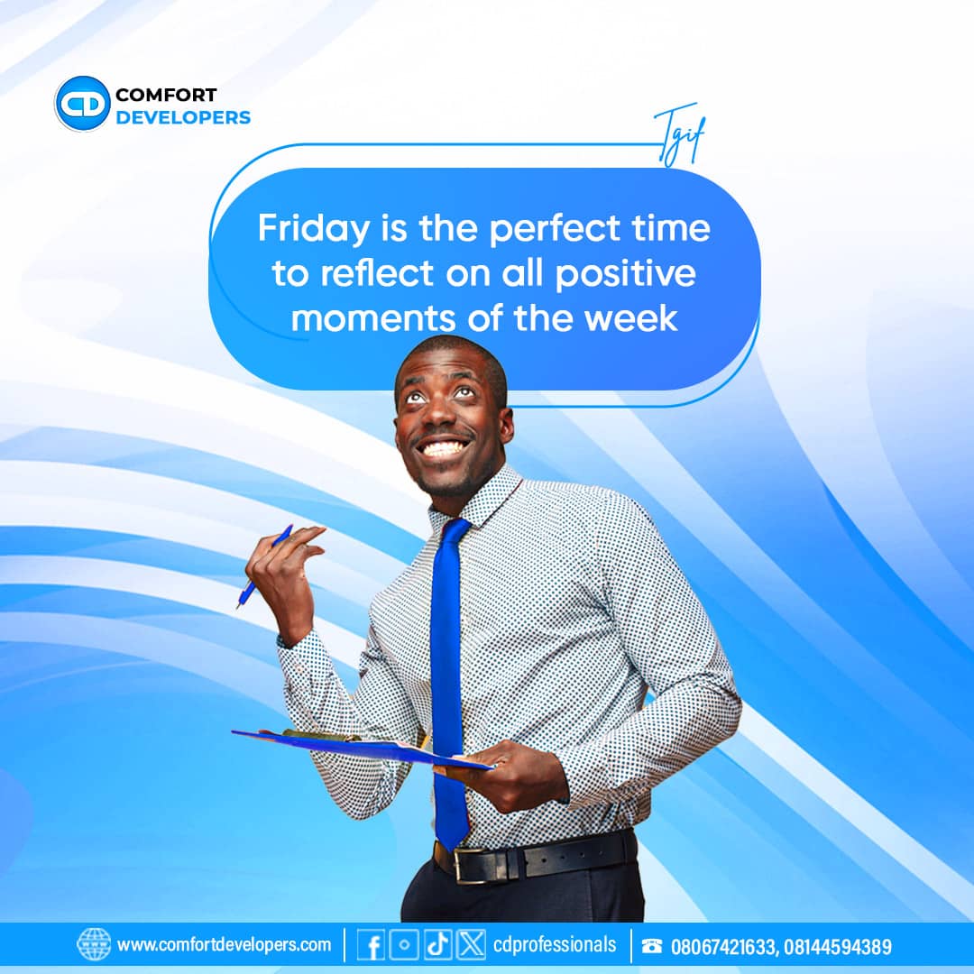 gbemilekeodu's tweet image. Take a moment this Friday to celebrate the wins of the week! 🎉 No matter how small, every positive moment counts. Keep pushing forward! 💼✨
 #TGIF #FridayVibes
 #PositiveReflection 
#ComfortDevelopers 
#SuccessMindset
