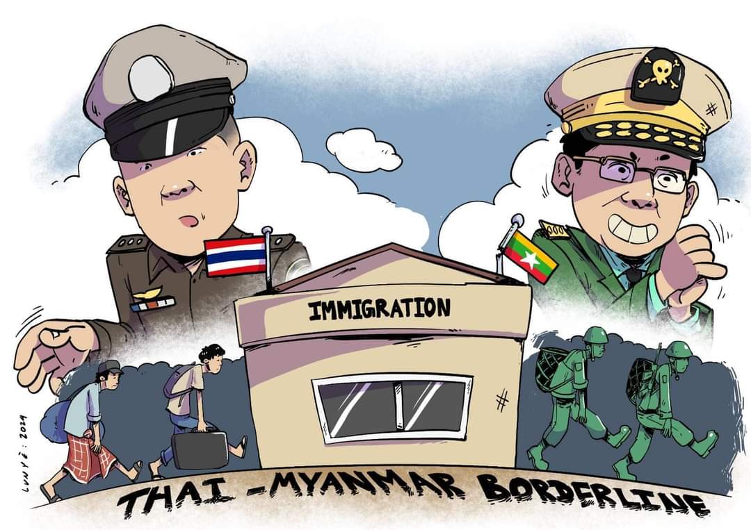 Hteinlinn48's tweet photo. @AmbPoohMaris Thai gov has reportedly arrested illegal migrant workers from 🇲🇲 and handed them over to the 🇲🇲 military regime. Among these workers, many young people have been unlawfully conscripted into military service by the regime. 
#WhatsHappeninglnMyanmar 
Credit: Luna's Artworks https://t.co/wzVHTi9SER