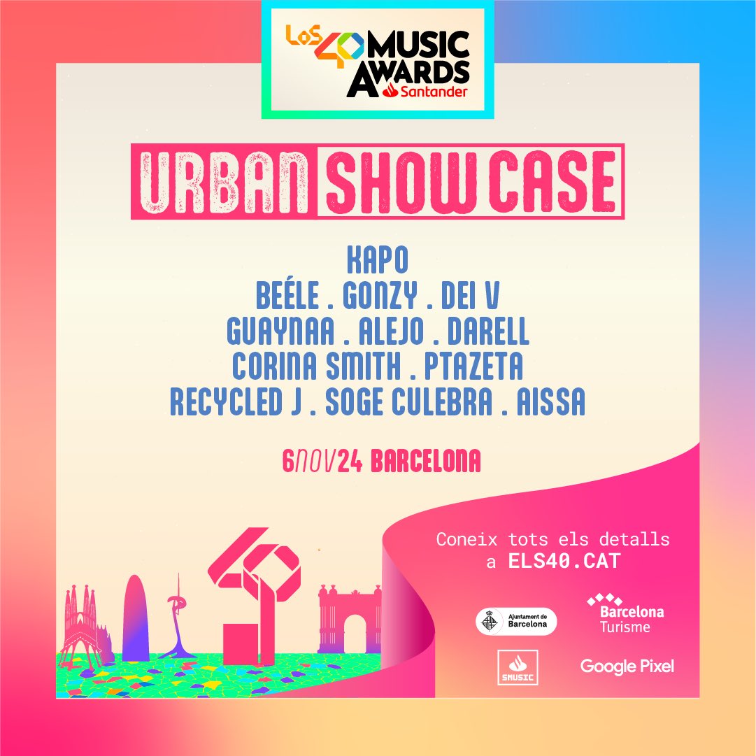🧡 URBAN SHOWCASE A BARCELONA! 

KAPO, BÉELE, GONZY, DEI V, GUAYNAA, ALEJO, DARELL, CORINA SMITH, PTAZETA, RECYCLED J, SOGE CULEBRA i AISSA! 🎤

Te esperen el 6 de novembre✨Coneix tots els detalls a 👉 ELS40.CAT