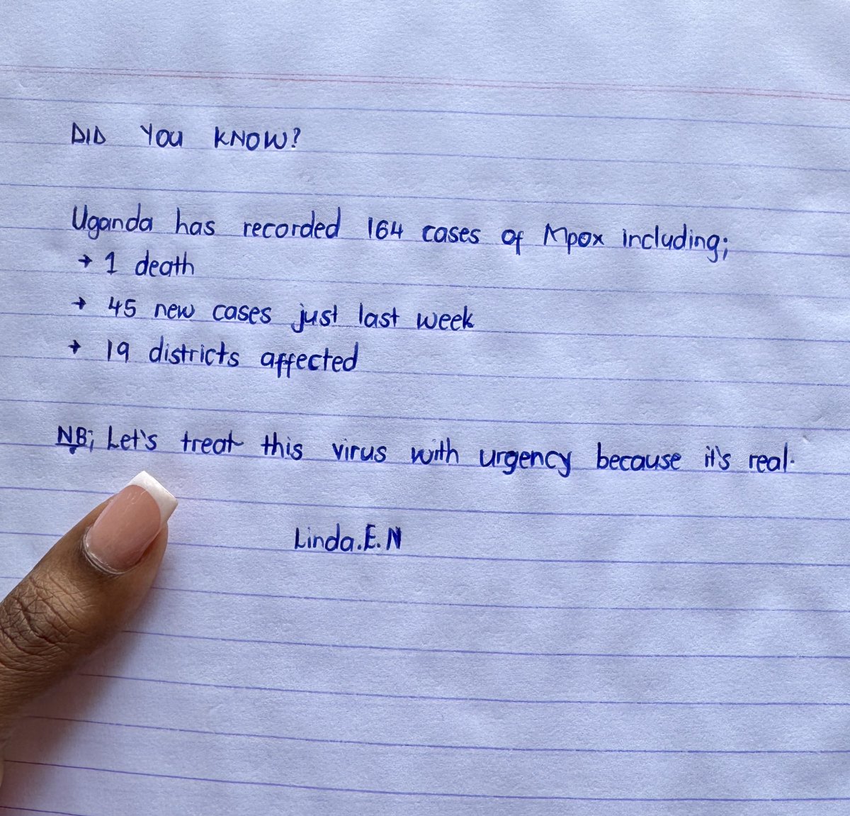 How would you rate my handwriting on a scale of 1 to 10? 🤍

#Obulamu | #OutboxMpoxUg