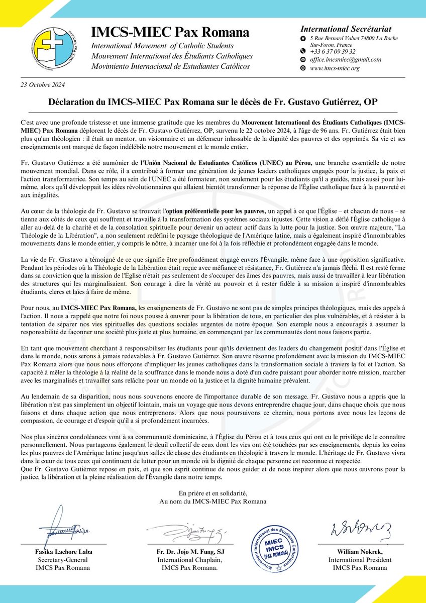 We remember Fr. Gustavo Gutiérrez, OP, a visionary who dedicated his life to justice and liberation for the marginalized. His teachings continue to inspire our mission. May his legacy guide us in our journey toward a just and compassionate world. #FrGustavoGutiérrez #IMCSMIEC