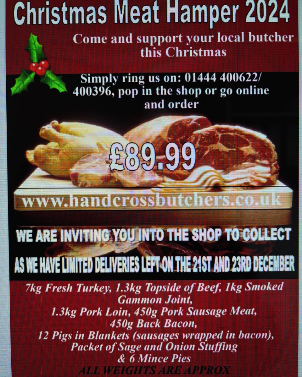 HCrossVButchers's tweet photo. Our very popular Christmas Hamper is back 🎄 🦃 🧺. Please go to our website to order yours &amp; Secure your date to collect from 21st to lunch time on 24th December ( please state in the notes) 📝 first come first serve as space is selling fast #GoHoHo #Xmas2024 #MeatToPleaseYou https://t.co/KjngkwyPgw