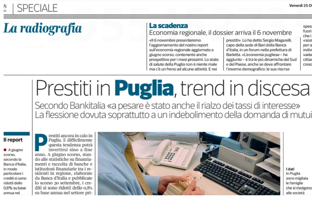 Credito bancario in calo in Puglia. Come nel resto del Paese? Prospettive? Motivi? Regione, governo e imprese corrono ai ripari?
Le risposte nell'intervista al presidente di Confindustria Puglia, Sergio Fontana, e nelle indagini di #bancaditalia.
Oggi sul #CorrieredelMezzogiorno