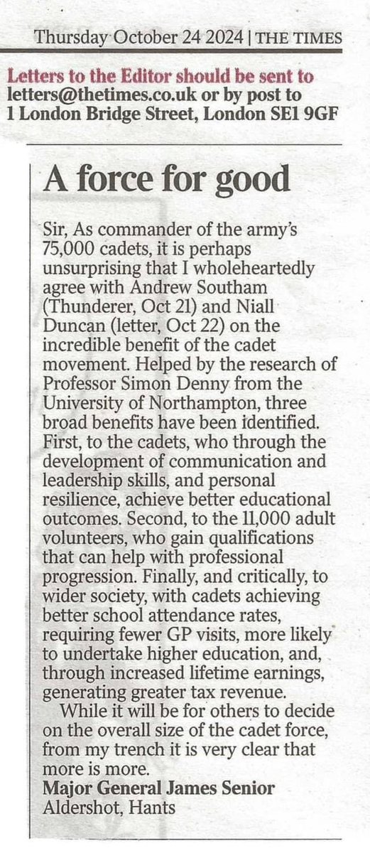 Colonel Leona Barr-Jones DL (@ce_ea_rfca) on Twitter photo Great letter in <a href="/thetimes/">The Times and The Sunday Times</a> from General James Senior as Comd <a href="/ArmyCadetsUK/">Army Cadets UK</a> - when it comes to cadets “it is very clear that more is more” <a href="/ColCadetsArmy/">National Colonel Cadets</a> <a href="/AcctUk/">ACCT UK Official</a> <a href="/UlyssesTrust/">The Ulysses Trust</a> Great letter in <a href="/thetimes/">The Times and The Sunday Times</a> from General James Senior as Comd <a href="/ArmyCadetsUK/">Army Cadets UK</a> - when it comes to cadets “it is very clear that more is more” <a href="/ColCadetsArmy/">National Colonel Cadets</a> <a href="/AcctUk/">ACCT UK Official</a> <a href="/UlyssesTrust/">The Ulysses Trust</a>