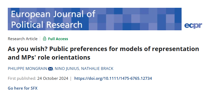 POLI (@dfuturevub.bsky.social) (@poli_vub) on Twitter photo New publication! 📄
<a href="/p_mongrain/">Philippe Mongrain</a> , <a href="/NathalieBrack/">Nathalie Brack</a> , and POLI VUB's <a href="/NinoJunius/">Nino Junius</a> explore citizens' and MPs' preferences for delegate vs. trustee models of representation.
Read the findings in the European Journal of Political Science 🔗: ejpr.onlinelibrary.wiley.com/doi/10.1111/14… New publication! 📄
<a href="/p_mongrain/">Philippe Mongrain</a> , <a href="/NathalieBrack/">Nathalie Brack</a> , and POLI VUB's <a href="/NinoJunius/">Nino Junius</a> explore citizens' and MPs' preferences for delegate vs. trustee models of representation.
Read the findings in the European Journal of Political Science 🔗: ejpr.onlinelibrary.wiley.com/doi/10.1111/14…