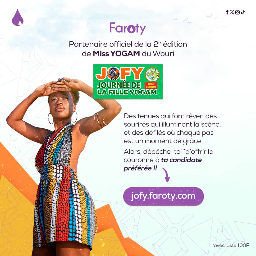 ✨ #FAROTY, partenaire officiel de #MissYOGAM du #Wouri, te réserve un show où chaque tenue est un rêve et chaque sourire une étincelle  Et devine quoi ? Pour seulement 100 F, tu peux transformer ta candidate préférée en reine 👑 Un simple clic👇🏾

jofy.faroty.com