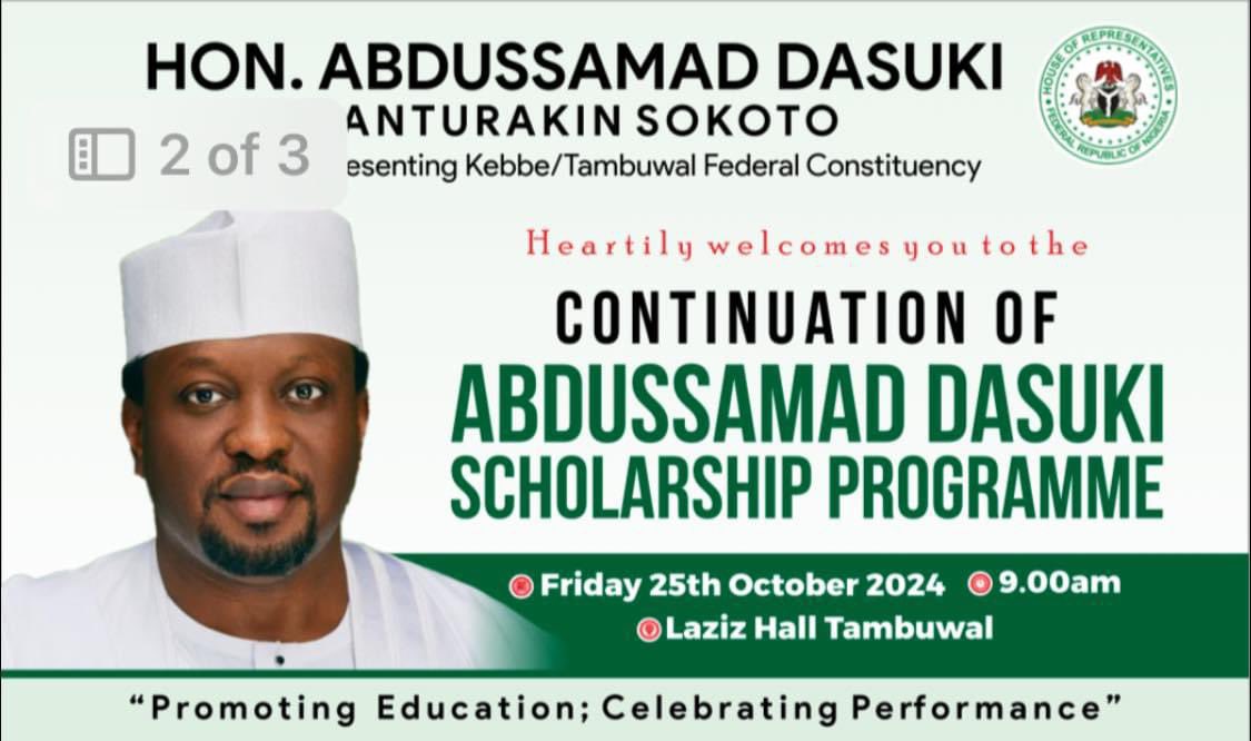 UncleAnass's tweet photo. Hon. @abdussamadd Dasuki (Santurakin Sokoto) will disburse scholarship grant to university students of Kebbe/Tambuwal Federal Constituency today InshaAllah.
He will also unveil scholarship for another category of students, as well as 100% tuition fee sponsorship of Masters programs InshaAllah.
Congratulations to the beneficiaries… Weldone, Hon. Abdussamad Dasuki. For a #BetterKebbeTambuwal InshaAllah. #representation #TeamDasuki #DasukiIsWork #WorkIsDasuki
