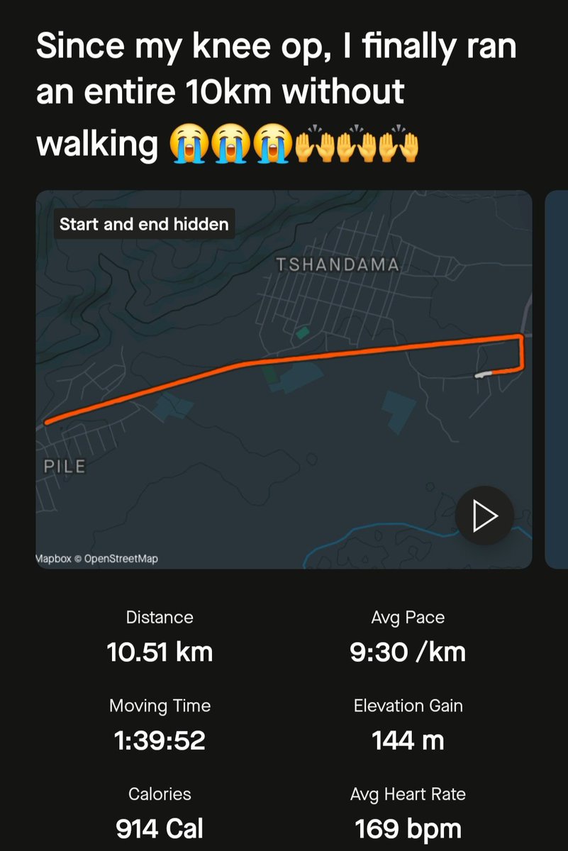 thembu_tp's tweet image. Tears overpowered my eyes when I stopped the watch 😭😭😭. 1st ever 10km I completed without walking 🙌😩 since my knee op which went south 🙃

#IPaintedMyRun 
#OwnRace #OwnPace #WeMove #IChoose2BActive #MentalHealthMatters 💚💚