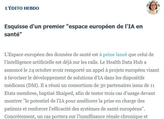 [#Edito]📢Esquisse d'un premier "espace européen de l'IA en santé", par <a href="/MJ_Lefebvre/">Marion-Jeanne Lefebvre</a> 

lire la suite➡️ticpharma.com/edito?ID=2724