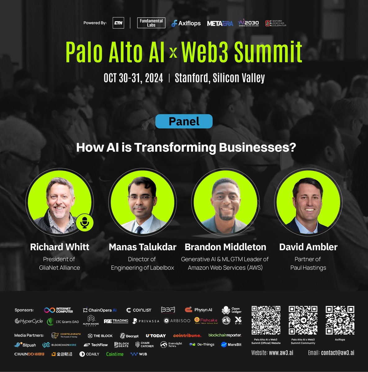 Axlflops's tweet photo. Join us at the Palo Alto AI x Web3 Summit at Stanford University, October 30-31, 2024!

Panel: "How AI is Transforming Businesses" moderated by Richard Whitt @RichardWhitt, President of GliaNet Alliance, with panelists:
• Manas Talukdar, Director of Engineering of Labelbox
• Brandon Middleton, Generative AI & ML GTM Leader of Amazon Web Services (AWS)
• David Ambler, Partner of Paul Hastings

🔗 Sign up now: https://t.co/T1zYzfKka1

#AI #BusinessTransformation #Web3 #PaloAltoAIWeb3
