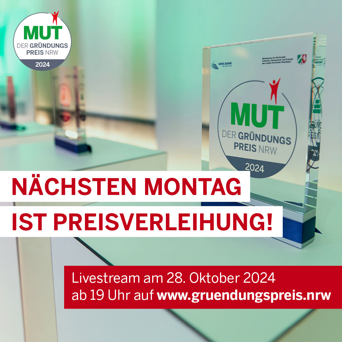 Seien Sie dabei beim großen Finale von MUT – DER #GründungspreisNRW 2024! 🏆 Welche drei der Nominierten wir mit dem Landespreis ehren, können Sie am kommenden Montag, 28.10.24, ab 19 Uhr im Livestream auf gründungspreis.nrw mitverfolgen.