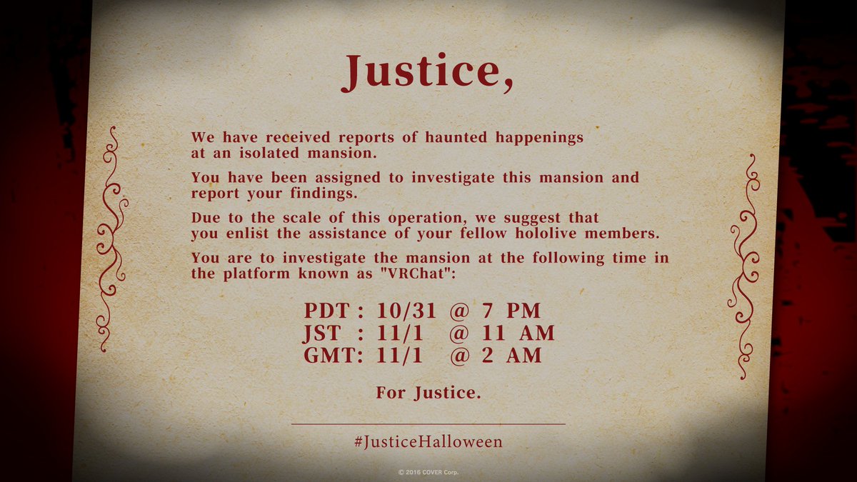 hololive_En's tweet photo. 🐱💄MISSION ASSIGNED🍵👧

This Halloween, #holoJustice will be investigating a haunted mansion in VRChat!

Are you ready for an extra spooky night? 🎃

#JusticeHalloween https://t.co/xsdjNupvWK