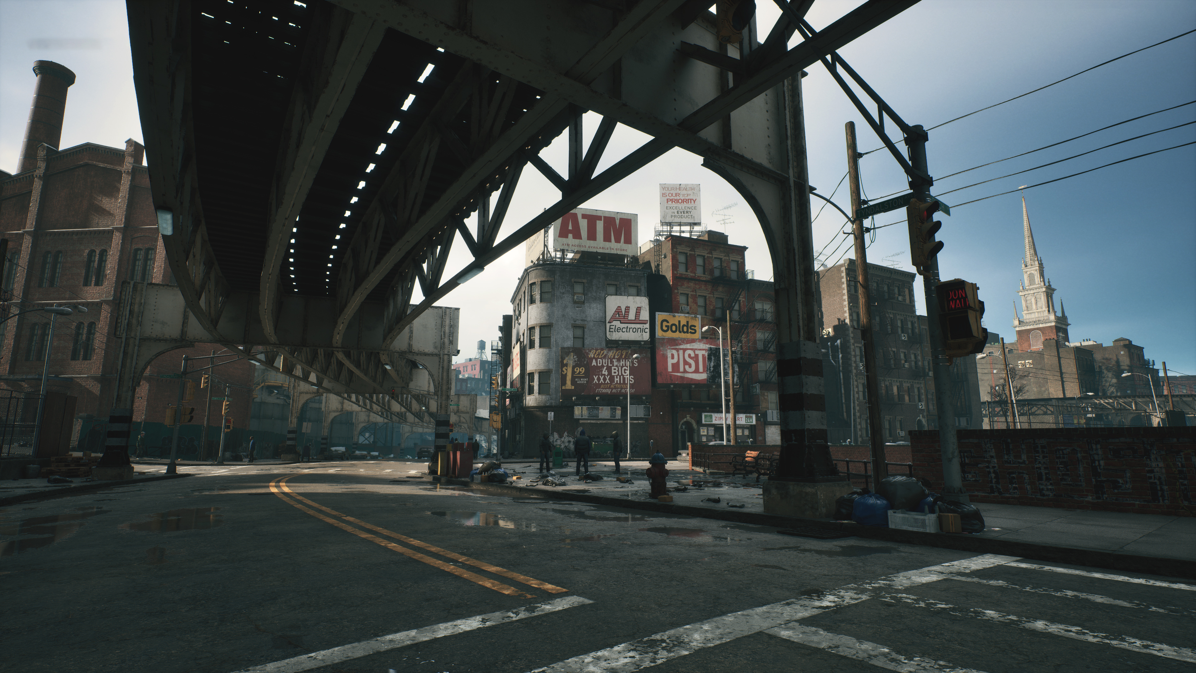An urban street scene under an elevated train track with aged brick buildings, scattered pedestrians, and various signs including "ATM" and ads.