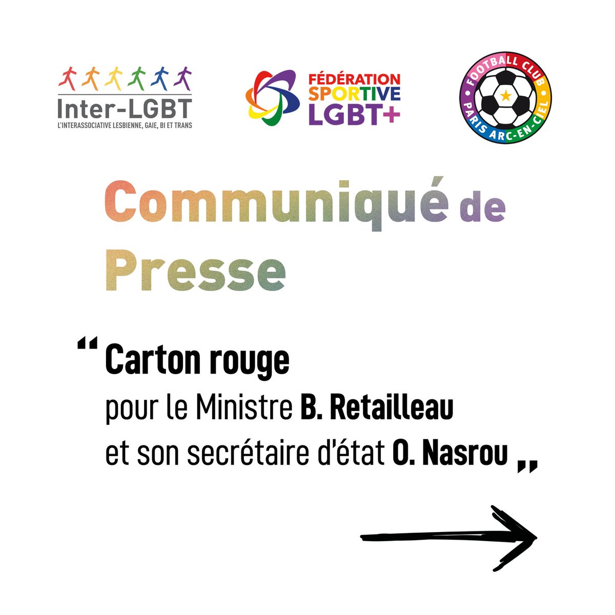 Carton rouge pour le ministre B. Retailleau et le secrétaire O. Nasrou, nous demandons à être reçu par le ministre suite aux chants homophobes déclame au Parc des Princes ce samedi ! 

La lutte pour les droits LGBTI+ ne se fera pas sans les associations de personnes concernées 🏳️‍🌈