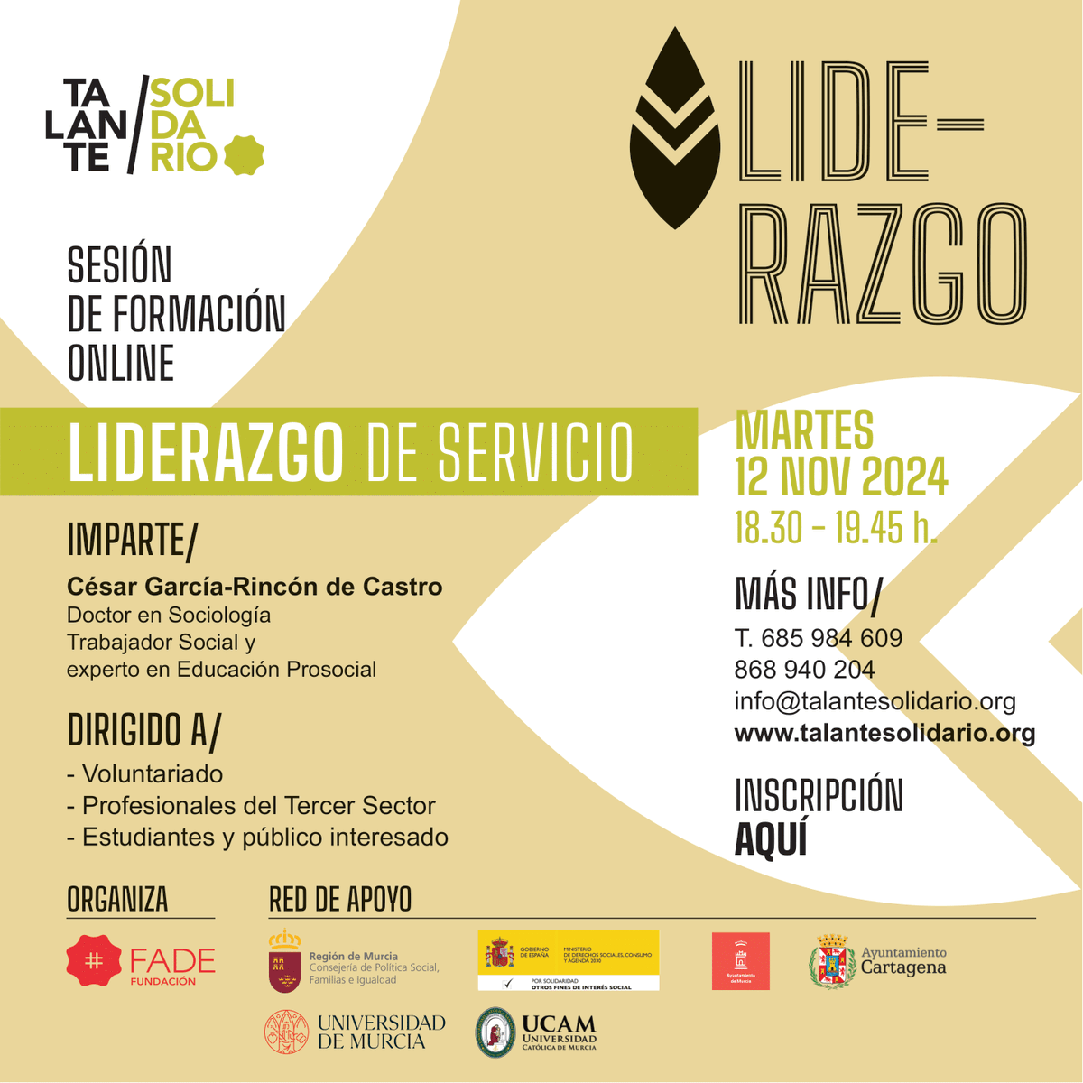 Te invitamos a nuestra próxima sesión de formación en habilidades interpersonales: “Liderazgo de Servicio"📣 

🔗 Inscripciones y más info: fundacionfade.org/liderazgo-de-s…

🤝Red de apoyo <a href="/PolitSocialMur/">Consejería de Política Social Familias e Igualdad</a> <a href="/MSocialGob/">Ministerio de Derechos Sociales, Consumo y A2030</a> <a href="/AytoMurcia/">Ayuntamiento de Murcia</a> <a href="/AytoCartagenaES/">Ayuntamiento de Cartagena</a> <a href="/UMU/">Universidad Murcia</a> <a href="/UCAM/">UCAM Universidad</a>