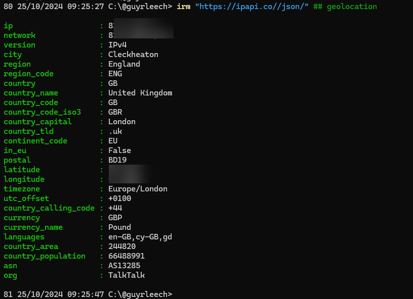 guyrleech's tweet image. Until yesterday I used icanhazip.com to give me my external  IP address but say hello to @ipapi_co which can take an IP address to look up but without it uses your external IP address &amp;amp; reports it back along with info like country (useful for @Azure VMs).