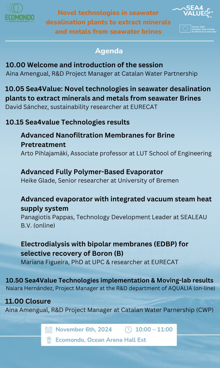 🚀 Join us for our <a href="/Ecomondo/">Ecomondo</a>  session!

You will have the chance to learn about some of our technologies for extracting minerals and metals from seawater brines. Here you can check the agenda for our session 👇