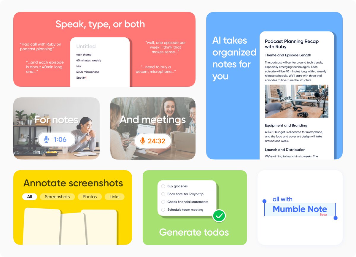 mumblenote's tweet photo. 🌱 Mumble Note Beta is Here! 🌱

Tired of losing ideas before you capture them? Mumble Note has your back! 💡

🔹 Instant voice/text notes
🔹 Dual mode: type &amp; speak, AI combines it
🔹 AI meeting summaries &amp; to-do lists
🔹 Annotate screenshots &amp; photos https://t.co/pD4k9UPp8y
