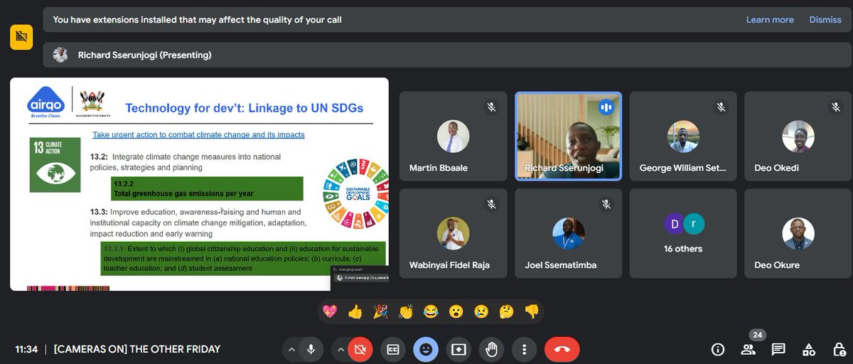 The <a href="/AirQoProject/">AirQo</a> <a href="/Makerere/">Makerere University</a> spent an hour today discussing <a href="/SDG2030/">SDG2030</a>. It is less than 6 years to 2030 and I'm wondering how many working professionals (globally) can articulate the 17 SDGs. My guess, NOT many.
Do the SDGs need more space in our lecture halls?
Thanks <a href="/sserurichx/">Sserunjogi Richard</a>