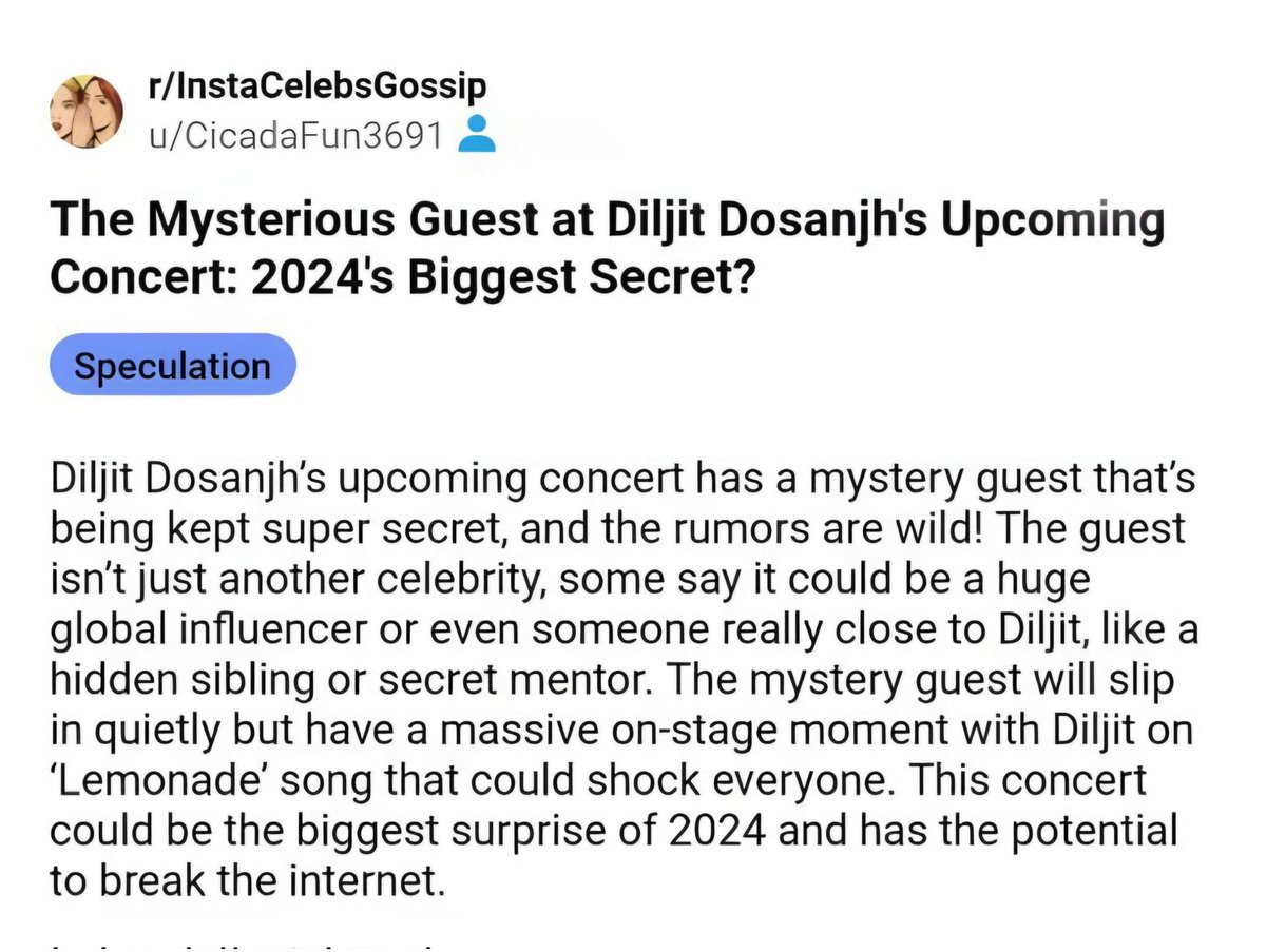 TheCineprism's tweet photo. A Reddit post hints at a secret guest performance on ‘Lemonade’ at the Dil-luminati Delhi concert. Who can it be? https://t.co/CB8F4Q2r0g