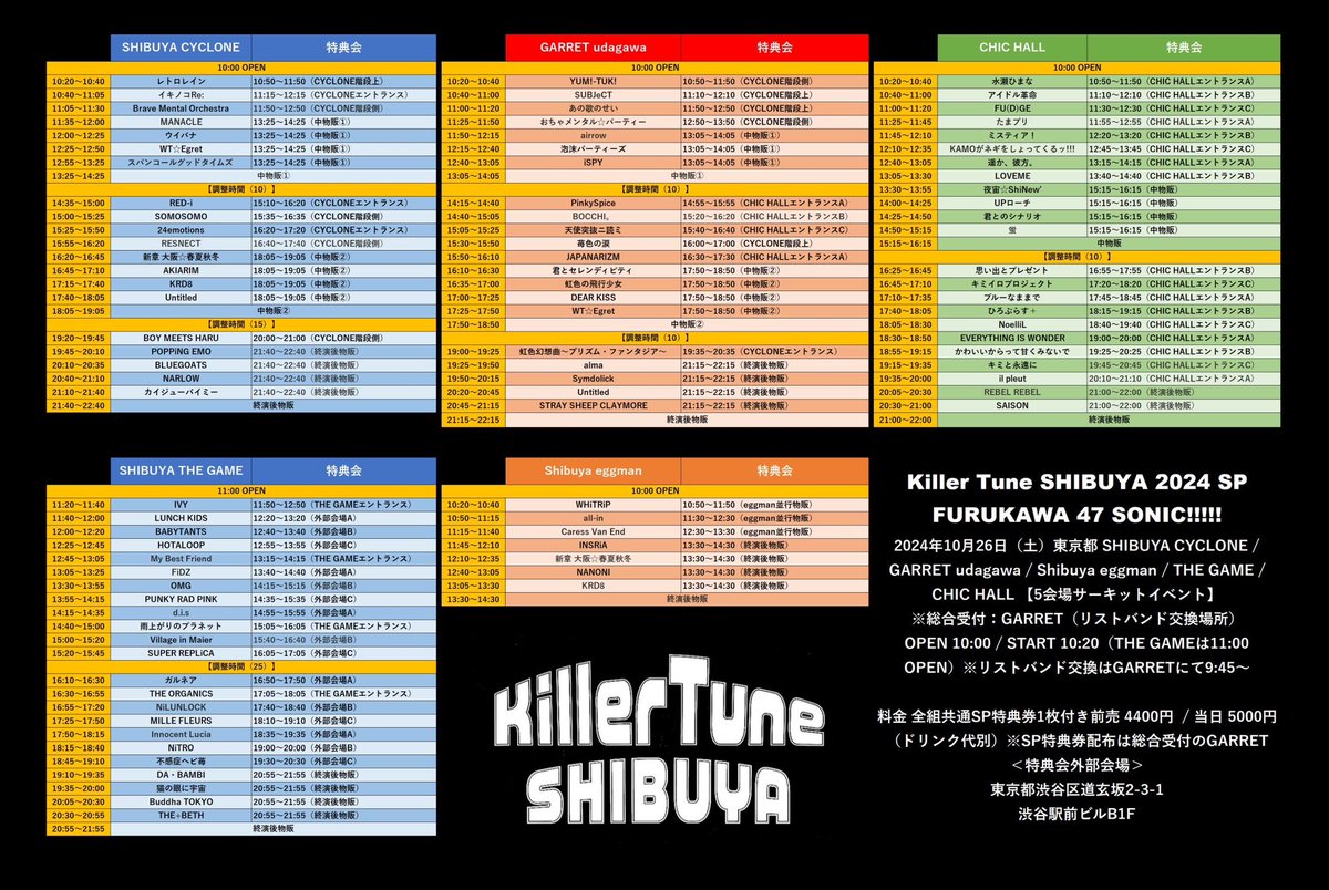 RESNECT_info's tweet photo. 【RESNECT LIVE INFORMATION】  
🔥タイムテーブル変更🔥
リスネクトは変更なしです

※ 明日開催のKiller Tune SHIBUYAにつきまして、9:45より総合受付のGARRETにてリストバンド交換を行っています

10/26(土) 渋谷サイクロン

「 Killer Tune SHIBUYA 2024 SP
🎉FURUKAWA 47 SONIC!!!!!🎉」  

出演　15:55~16:20
特典会　16:40~17:40

🎫 https://t.co/mejde6n64B

入場特典予約フォームはこちら   
▶️ https://t.co/LWXiX5K7tm

#RESNECT #リスネクト