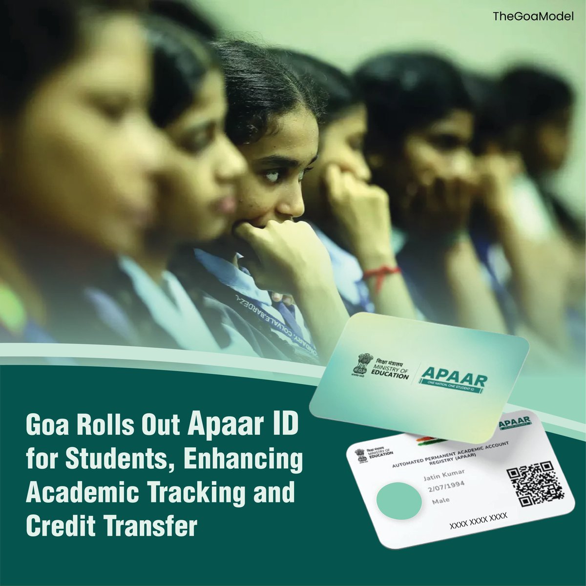 The_GoaModel's tweet photo. Goa introduces Apaar ID for all school students under the NEP, a 12-digit unique ID to track academic progress and simplify credit transfers! A big step toward seamless education pathways.

#TheGoaModel 
#ApaarID #GoaEducation #AcademicTracking #NEP #StudentID https://t.co/AAn3JsCvG3