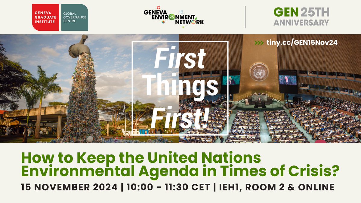 GENeva Environment Network (@genetwork) on Twitter photo #SaveTheDate!
As part of the #GEN25 Anniversary series, join the event presenting findings of "First Things First!" project by <a href="/LucileMaertens/">Lucile Maertens</a> looking at "How to Keep the UN Environmental Agenda in Times of Crisis?"
📅 15 Nov 24, 10:00 CET, IEH1
▶️ tiny.cc/GEN15Nov24 #SaveTheDate!
As part of the #GEN25 Anniversary series, join the event presenting findings of "First Things First!" project by <a href="/LucileMaertens/">Lucile Maertens</a> looking at "How to Keep the UN Environmental Agenda in Times of Crisis?"
📅 15 Nov 24, 10:00 CET, IEH1
▶️ tiny.cc/GEN15Nov24
