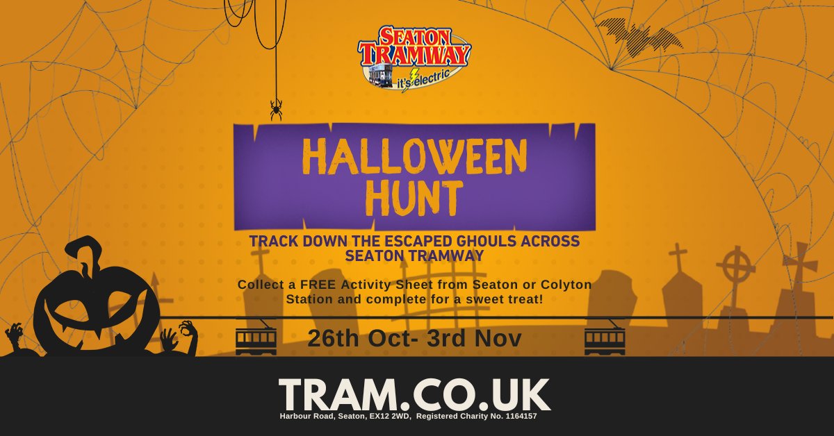 Our HALLOWEEN HUNT is back this half term!

Collect a free activity sheet from Seaton or Colyton Station, and track down the Ghouls around Seaton Tramway!

The Activity is running from 26th October - 3rd November.

tram.co.uk