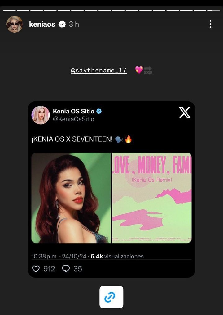 _wjunpimeow_'s tweet photo. Han pasado 4 horas de que dieron la noticia del remix de "Love, Money, Fame" de SEVENTEEN x KENIA OS pero aún parece un sueño. <33

KENIA LO SUBIO A SUS HISTORIAS DE INSTAGRAM. 🥹

Ésto será el inició de algo increíble! 💗
#2024MAMAVOTE #SEVENTEEN https://t.co/3ekTBHWGDR