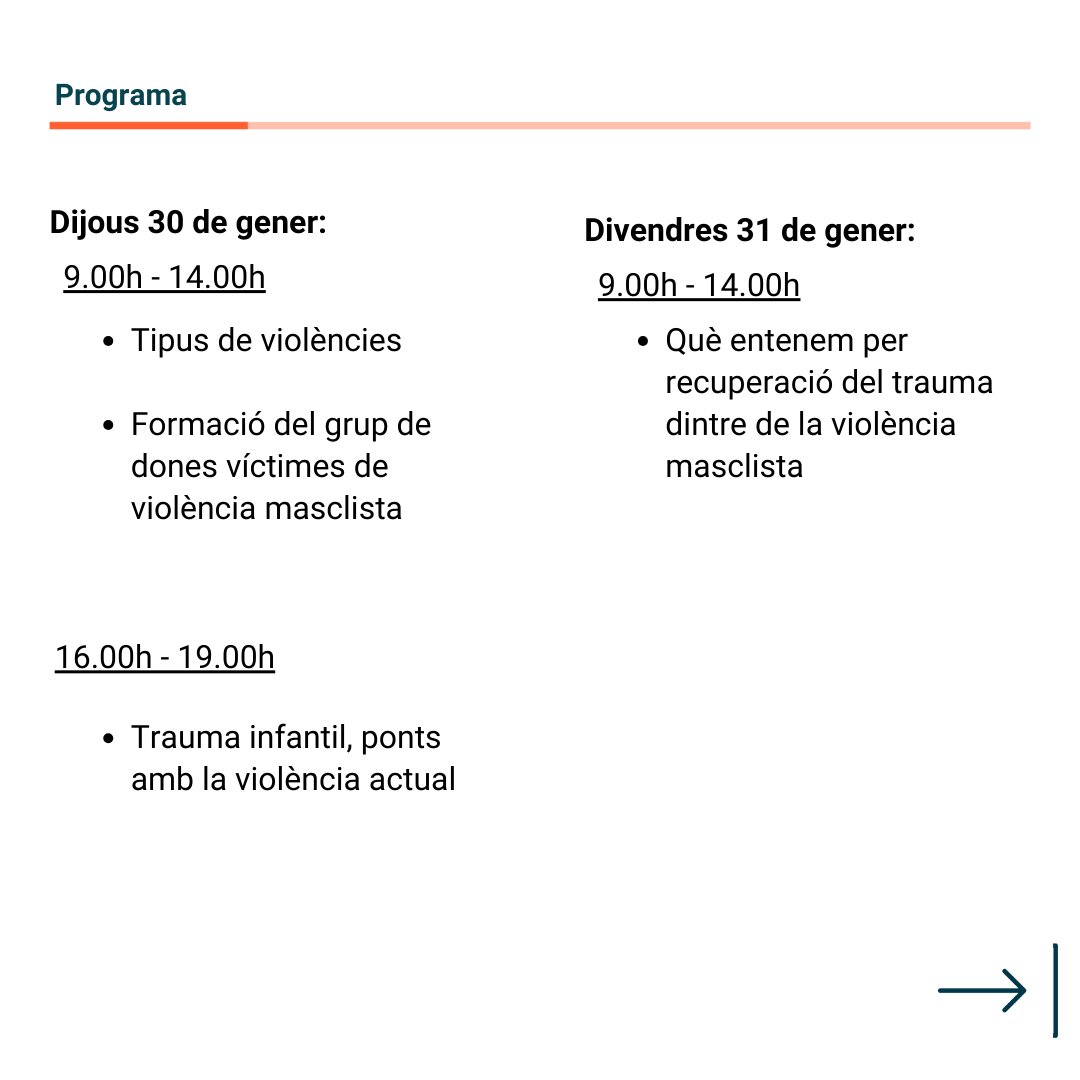 IUSalutMentalVB's tweet photo. 🆕 Seminari de Violència Masclista. Procés de recuperació en un Grup Psicoterapèutic

🗣️ A càrrec de Judith Gallego i Anna París 

➡️Impartit en castellà

🗓️30 i 31 de gener 
🕖Dijous: 9.00-14.00 i 16.00-19.00 / Divendres: 9.00-14.00

ℹ️https://t.co/ceXX52jKE9
📝 docencia@fvb.cat https://t.co/xh0P8jZl4y
