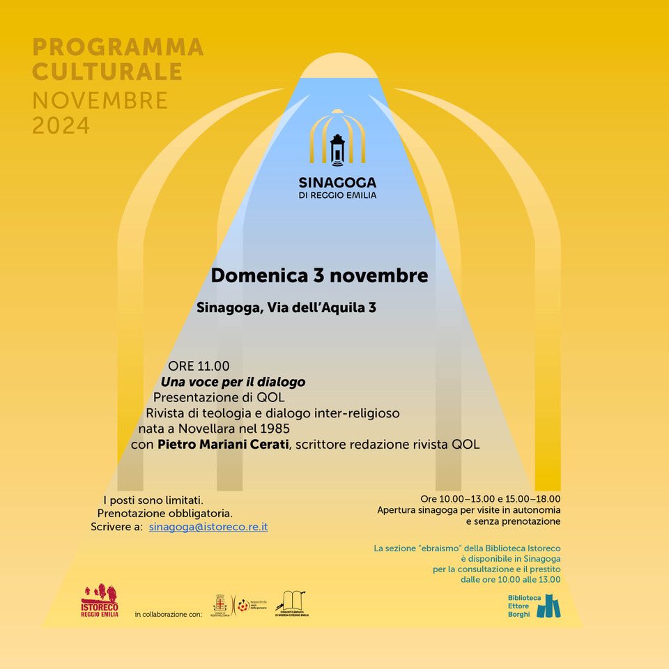 Domenica 3 novembre, nella sinagoga di Reggio Emilia in via dell’Aquila, si terrà un nuovo appuntamento con la rassegna Pagine di Storia. Alle 11 Pietro Mariani Cerati presenterà QOL, la rivista di teologia e dialogo inter-religioso nata a Novellara nel 1985.