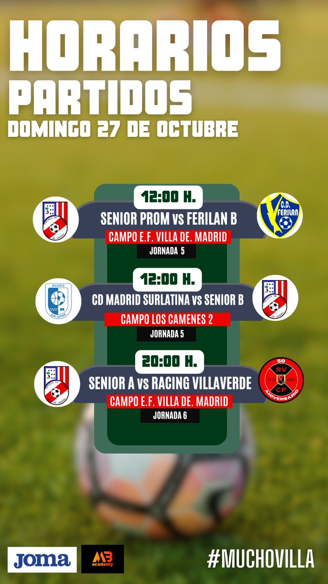 Horarios de los partidos del próximo fin de semana (25-27 de Octubre) ¡Os esperamos! #MuchoVilla 🔴⚫️🔥