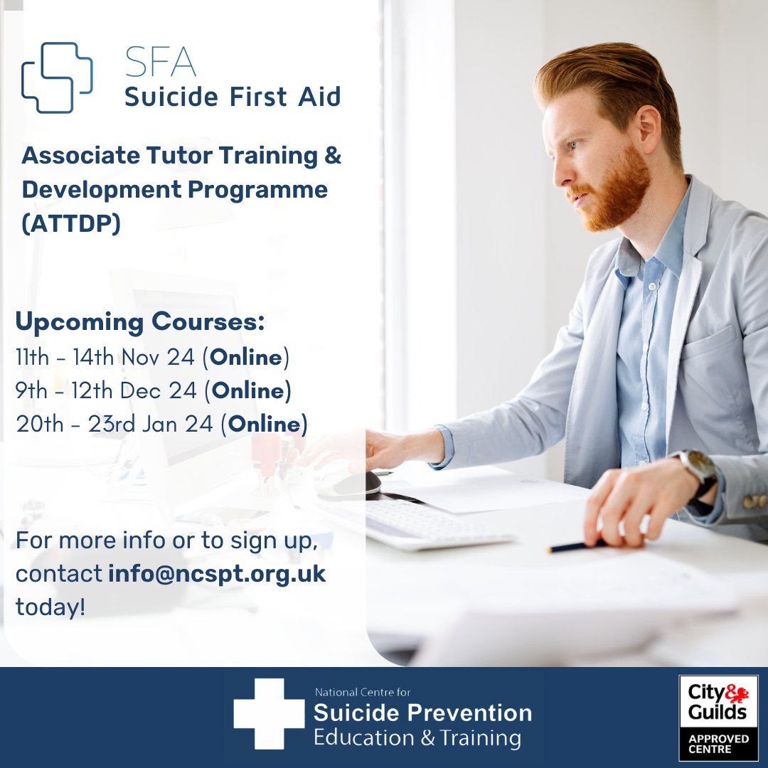 NCSPET_UK's tweet image. 📢 Spaces Still Available:
11th - 14th November 2024
9th - 12th December 2024
20th - 23rd January 2025
(All online via Zoom)

To learn more about this course or apply, please contact info@ncspt.org.uk today!

#suicideprevention #tutortraining #mentalhealth #mentalhealthmatters