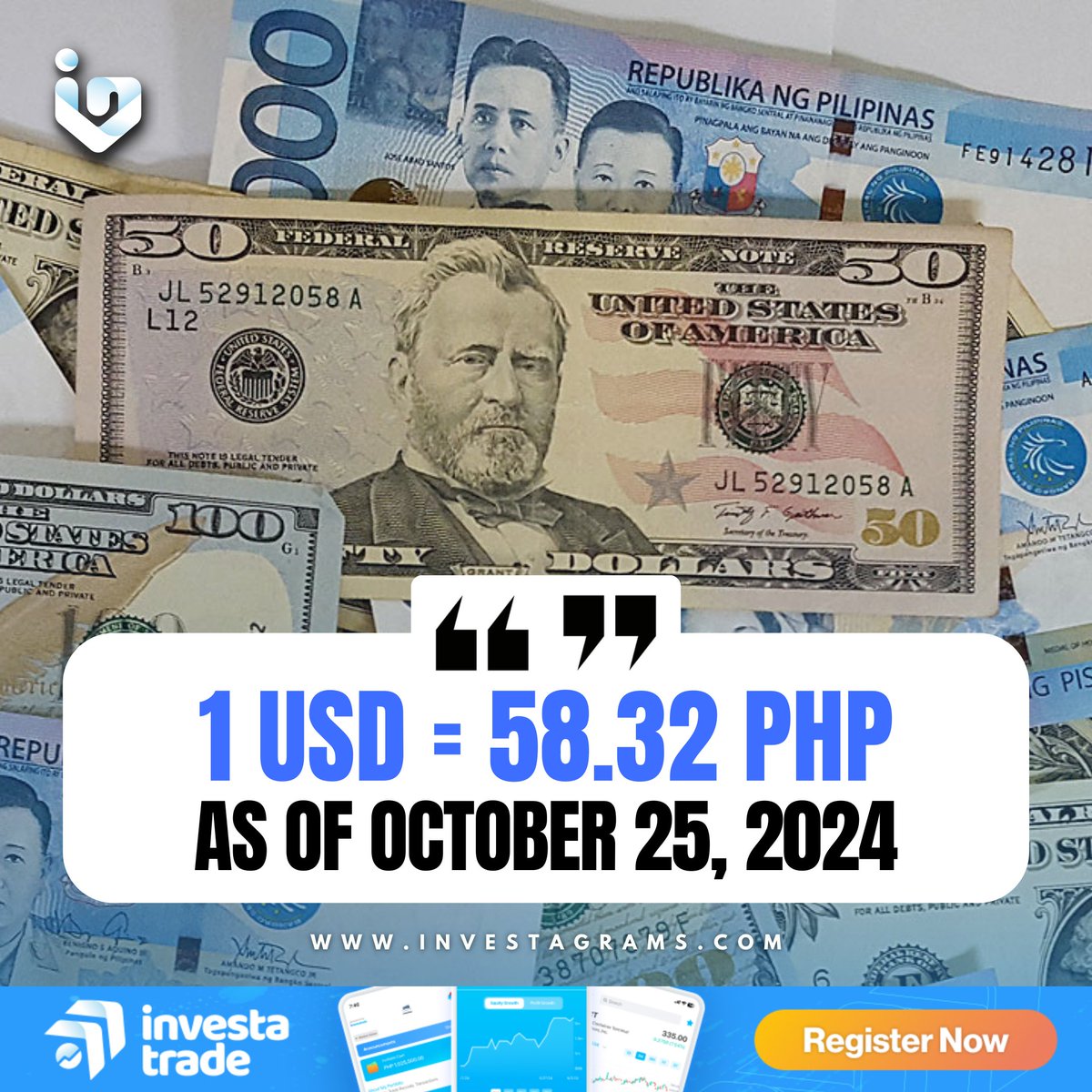 JUST IN: $USDPHP EXCHANGE RATE HITS ₱58.32 The Philippine peso weakened  past 58 to the dollar, potentially heightening concerns over import costs  and inflationary pressure. Bagsak peso na naman, ka-Investa! Stay updated